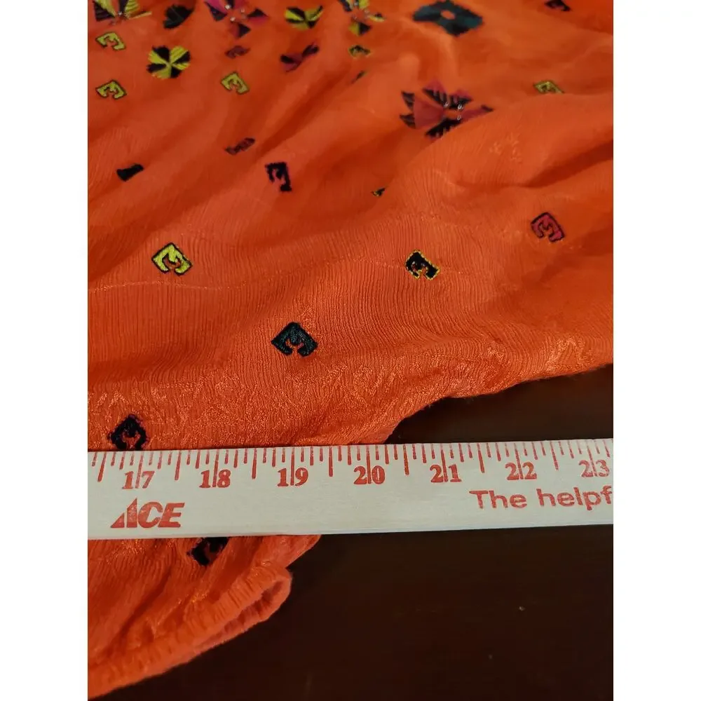 Free People Music In Time Embroidered Beaded V-Neck Blouse Top Sz S Orange Boho